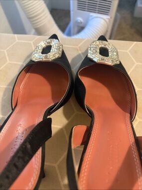 Black Pointed Slingback Heels with Crystal Brooch Accent